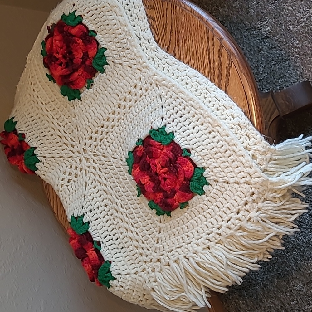 Handmade Rose Square blanket approx 60"x31" including fringe